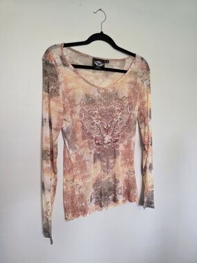 Harley-Davidson Women's Long Sleeve Pink Cream Tie-Dye Sheer Graphic Top